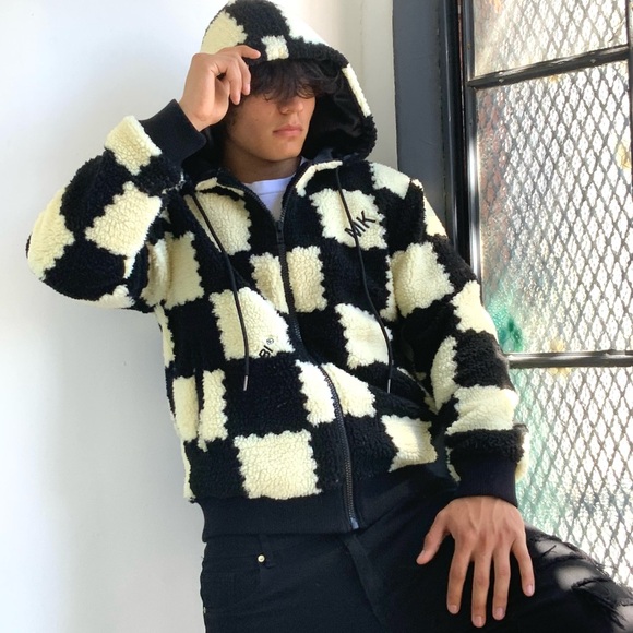 Men’s BlackIvory Sherpa Full Zip Hooded Jacket by Makobi NWT